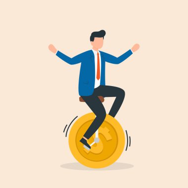 Tekerlek yerine bozuk parayla bisiklete binen bir adam. Başarıya giden yol kavramı. Vektör İllüstrasyonu.