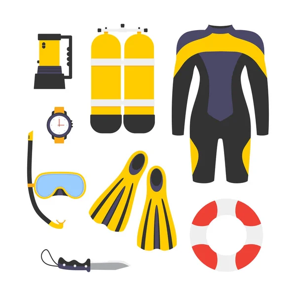 Equipo Buceo Conjunto Colección Buceo Cilindros Oxígeno Aqualung Traje Buceo — Archivo Imágenes Vectoriales