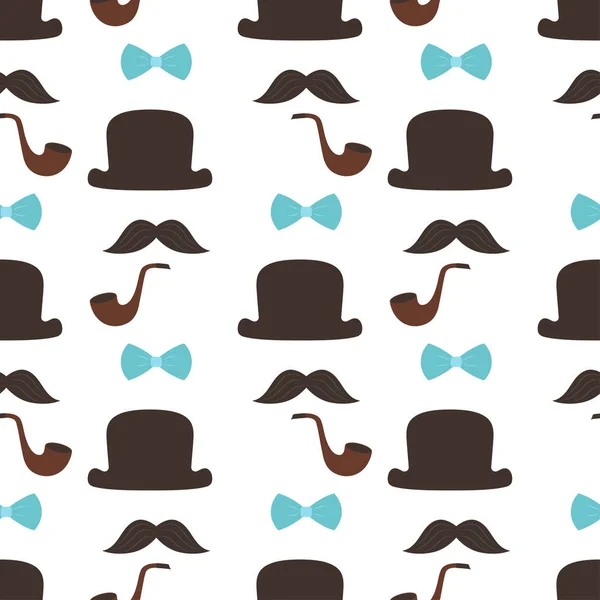 Seamless Pattern Mens Accessories Bow Tie Tobacco Pipe Hat Mustaches — Stock Vector