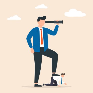 Dev ayak konsepti bir işadamını eziyor. Güç kavramı. İş yerinde kötü patron. Vektör illüstrasyonu.