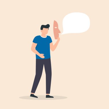 Yüz maskesi takan adam, ikiyüzlülük, iş sahtekarlığı ya da yalancı, sahte, suç ya da sahte konsept. Kılık değiştir, saklan. Vektör illüstrasyonu.