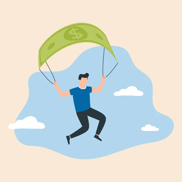 Hombre Está Volando Usando Billetes Banco Como Paracaídas Simbolizando Éxito — Archivo Imágenes Vectoriales