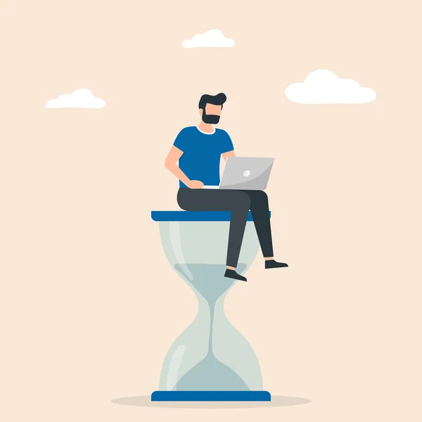 Muž Sedící Přesýpacích Hodinách Pracující Jejím Laptopu Řízení Času Multitasking — Stockový vektor