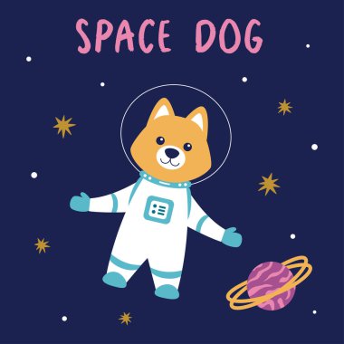 Uzayda küçük astronot köpeği, mavi arka planda komik çizgi film karakteri, vektör çizimi, düz stil, yaratıcı tasarım