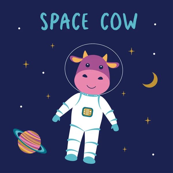 Vektorová Ilustrace Vtipného Kosmonauta Vesmíru Roztomilý Býk Izolovaný Tmavém Pozadí — Stockový vektor