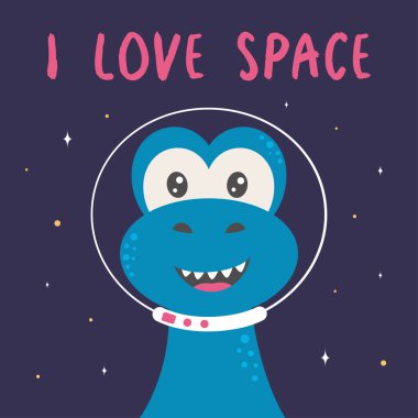 Uzayda komik dinozor, sevimli dinozor kozmonot, uzaydaki dinozorlu kart, vektör rengi illüstrasyon, bebek baskısı