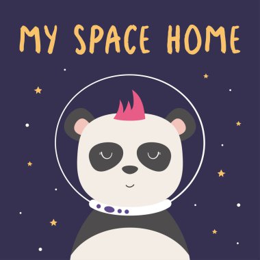 Astronot panda, evren, galaksi, uzay macerası, çizgi film karakteri, çocuklar için vektör illüstrasyonu