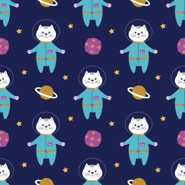 Yıldızlı, gezegenli ve kedili kusursuz uzay deseni astronot, düz stil şirin desen, çocuklar için vektör çizimi kumaş, duvar kağıdı, doku