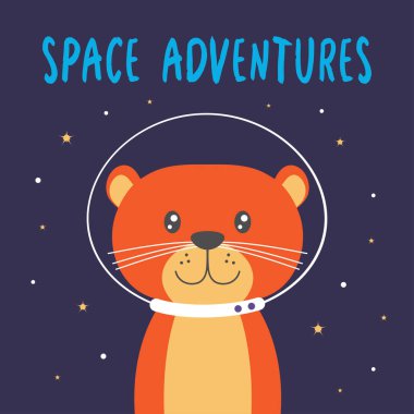 Yıldızlarla uzayda süzülen mutlu astronot su samuru, metin alanı maceraları, tapılası hayvan tasarımı.