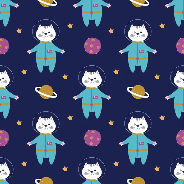 seamless pattern of space with stars, planets and cats astronaut, cute pattern in flat style, vector illustration for kids fabric, children wallpaper, texture