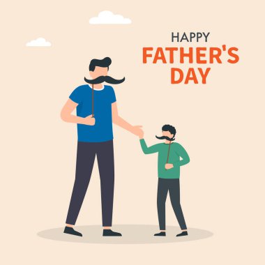 Babalar Günün kutlu olsun. Baba oğul el ele tutuşuyorlar, baba ve çocuğu birlikte iyi vakit geçiriyorlar. Vektör İllüstrasyonu