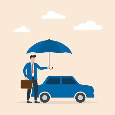 Araba sigortası konsepti. Şemsiyeyle korunuyor. Araç, güvenlik veya sigorta hizmeti konsepti için kaza koruması. Vektör illüstrasyonu.