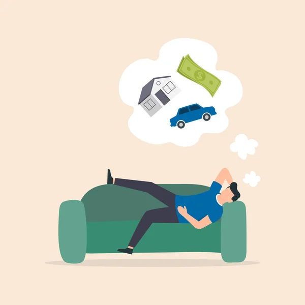 Man Relaxing Dreaming Sofa Young Man Dreaming Wealth Vector Illustration — Stock Vector