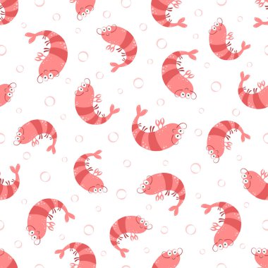 Karides deseni, pürüzsüz arka plan, komik deniz ürünleri, basit İskandinav tarzı çizgi film karakterleri, vektör çizimi