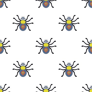 Beyaz zemin üzerinde çizgi film örümceği olan kusursuz desen, sevimli böcek vektör çizimi