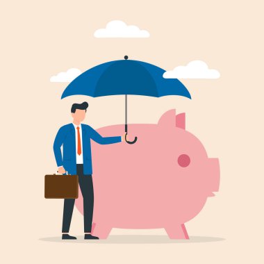 Adam kumbaranın üzerinde bozuk paralarla şemsiye tutuyor. Para güvenliği, garantili mevduat. Ekonomik krizde sigorta ve finansman koruması. Vektör illüstrasyonu