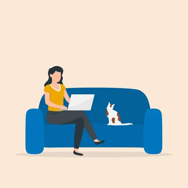 Femme Assise Sur Canapé Avec Ordinateur Portable Travailler Maison Freelance — Image vectorielle