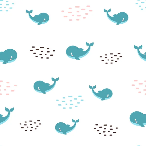 白い背景にかわいい漫画クジラとシームレスなパターン 子供のためのベクトル航海の背景 子供の描画スタイル 漫画の赤ちゃん動物水中イラスト 装飾のためのデザイン — ストックベクタ