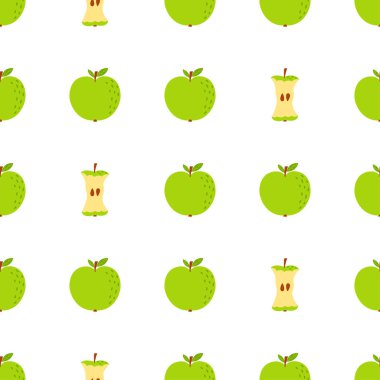 yeşil elma işaretleri ve beyaz arkaplanda çekirdek, elmalar pürüzsüz desen