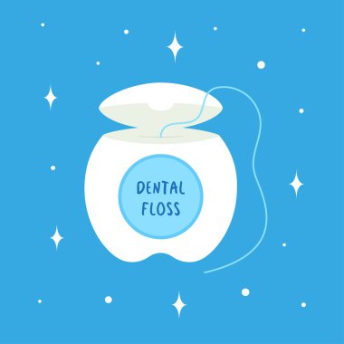 Diş ipi ikonu, tıbbi ve diş sağlığı sigortası, yemekten sonra dişlerin arasını temizlemek için iplik ipliği, mavi arka planda izole edilmiş çizgi film diş ipinin vektör çizimi