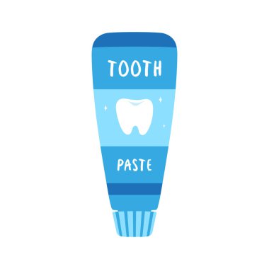 Mavi tüp düz ikon diş macunu, diş bakımı hijyeni, beyaz arkaplanda izole edilmiş çizgi film tarzında vektör illüstrasyonu