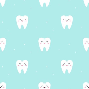 Mavi arka planda sevimli çizgi film dişleri, dişçilik temasında çocuk resimleri, diş kırıntıları...