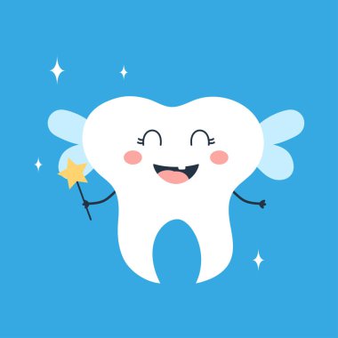 Tatlı diş, sihirli değnekli diş perisi mavi arka planda izole edilmiş, diş perisi günü için vektör çizimi.