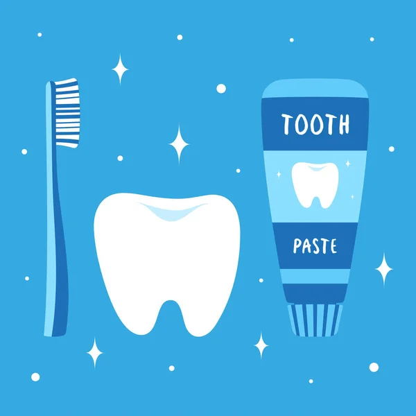 Δόντι Οδοντόκρεμα Και Οδοντόβουρτσα Διάνυσμα Που Απομονώνονται Μπλε Φόντο Επίπεδη — Διανυσματικό Αρχείο