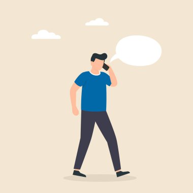 Cep telefonunda konuşma balonuyla konuşan bir adam. Düz bir şekilde vektör illüstrasyonu.