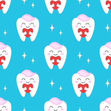 Çizgi film dişleri ve mavi arka planda kalpleri olan kusursuz desen, vektör çizimi, sevgililer günü için baskı