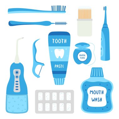Diş temizleme, diş fırçası, diş macunu, diş ipi, diş macunu, diş macunu, diş macunu, diş macunu, diş macunu, diş macunu ve sakız, diş hijyeni, ağız bakımı konsepti, vektör çizimi için farklı araçlar.