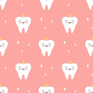 Pembe arka planda gülen dişlerle kusursuz desen, vektör çizimi, çocuk tasarımı