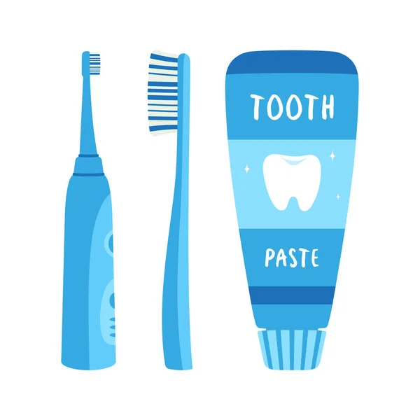 Set Van Elektrische Handvat Tandenborstel Met Buis Van Tandpasta Geïsoleerd — Stockvector