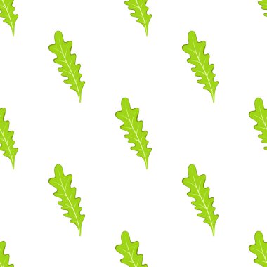 Beyaz arkaplanda roka yapraklarının pürüzsüz deseni, düz biçimde vektör illüstrasyonu