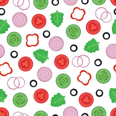 Beyaz arka planda izole edilmiş şirin, pürüzsüz sebzeler, marul, soğan, kırmızı biber, salatalık, zeytin ve domatesli vektör düz çizimler.