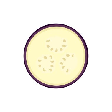 Beyaz arkaplanda izole edilmiş yuvarlak patlıcan dilimi, düz çizgi film tarzında vektör çizimi