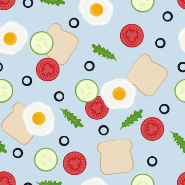 Kahvaltı pürüzsüz yumurta, kızarmış ekmek, domates, salatalık, roka ve zeytin, sebzeli vektör çizimi, ekmek ve yumurta, sağlıklı kahvaltı.