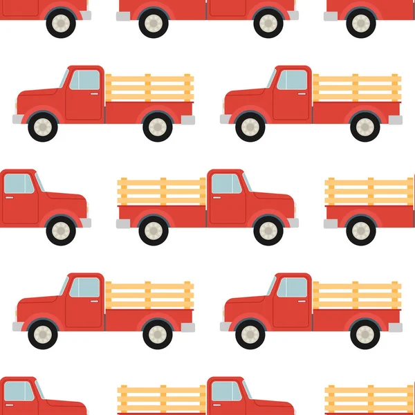 白い背景に隔離された赤いピックアップシームレスなパターン ピックアップトラックのヴィンテージ ベクターイラスト — ストックベクタ