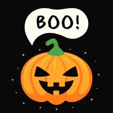 halloween card or poster with cute cartoon scary pumpkin and text boo, childish vector illustration for holiday celebration, flat design