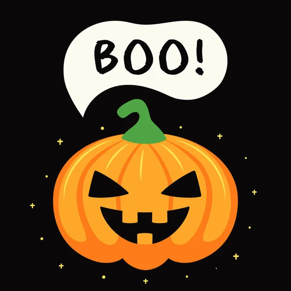 Biglietto Halloween Poster Con Carino Cartone Animato Spaventoso Zucca Boo — Vettoriale Stock