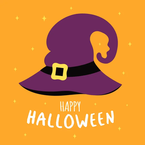 Feliz Cartel Halloween Con Letras Sombrero Bruja Sobre Fondo Naranja — Vector de stock