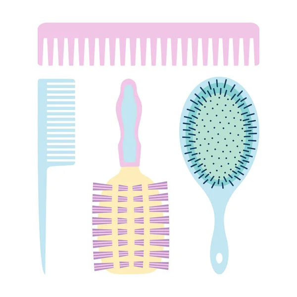 Set Different Combs Isolated White Background Cartoon Hair Brushes Vector — Stock Vector