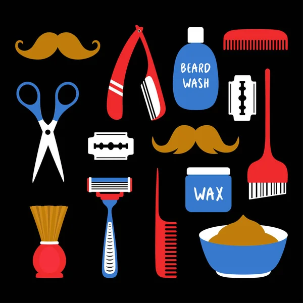 Conjunto Com Elementos Para Barbear Isolado Fundo Preto Elementos Cabeleireiro — Vetor de Stock