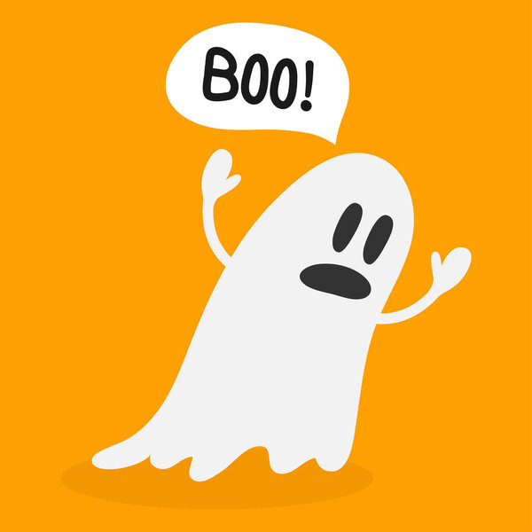 Cute ghost. Halloween ghost with speech bubble that says Boo, isolated on orange background. Happy Halloween. Vector illustration