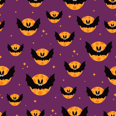 Kusursuz desenli. Arka planda şirin yarasalar, cadılar bayramı baskısı, düz tasarım.