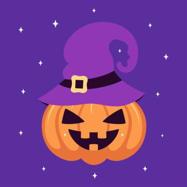 card of cute halloween pumpkin with witch hat, scary pumpkin icon with smile isolated on dark background, vector illustration