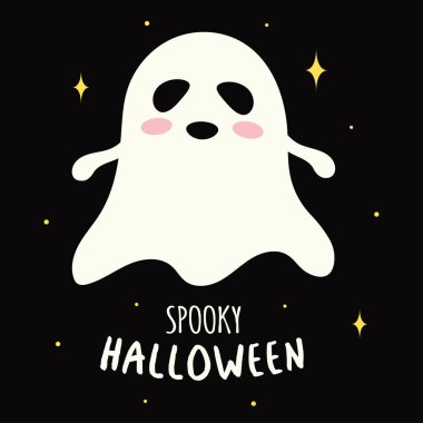 cute white ghost on dark background, halloween card with cartoon spirit, vector illustration