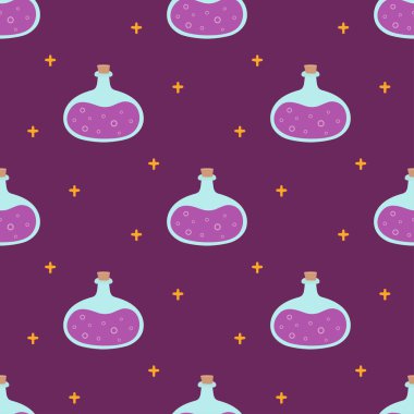 seamless pattern with colorful bottles with magic potion, halloween vector illustration