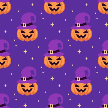 halloween seamless pattern pumpkin with witch hat and stars on blue background, flat design, vector illustration