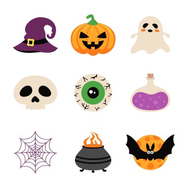 set of elements for halloween isolated on white background, ghost, witch hat, skull, eye, cauldron, web, pumpkin and bottle for decorating invitations and cards halloween, vector illustration in cartoon style